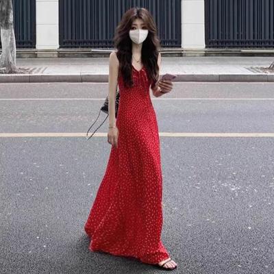 Damen Florales Rotes A-Linien-Sommerkleid mit Verstellbaren Trägern - Sommerurlaub Küstenstil
