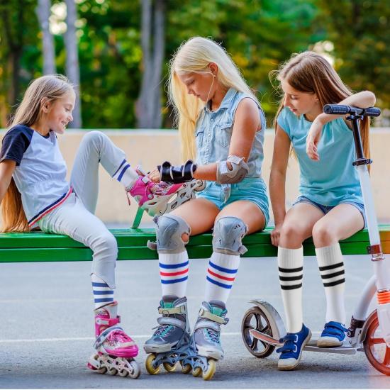Shihanee 6 Pairs White Knee High Socks Striped Tube Socks Roller Skate Skating Soccer Athletic Sports Long Stockings Leg Warmer Gifts for 7-12 Year