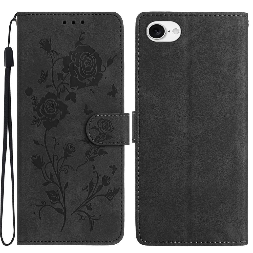 For iPhone 16e Wallet Case Rose Pattern Imprinted Leather Flip Stand Phone Cover