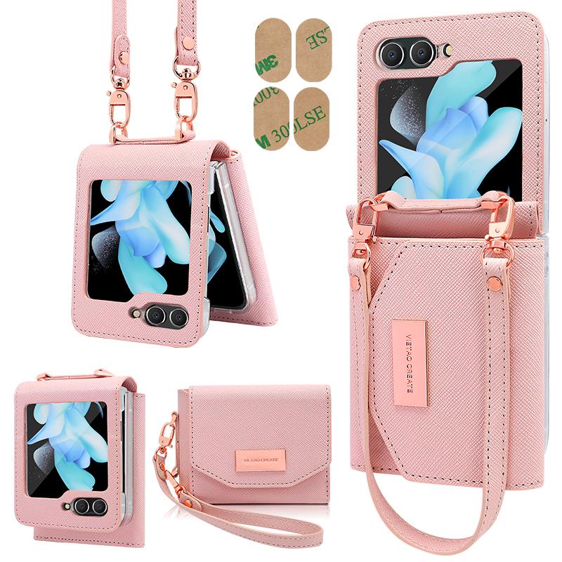 Vietao-Z Flip 7 Wallet Phone Case With Wristband Strap, Fashion Girls Leather Purse Phone Cover For Samsung Z Flip 6 5 4 3, Pink