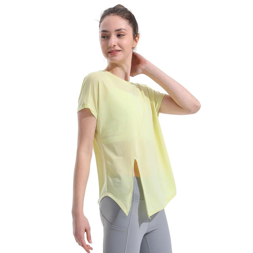 Women's Quick-Dry Short-Sleeve Yoga Top with Side Slit & Tie-Up
