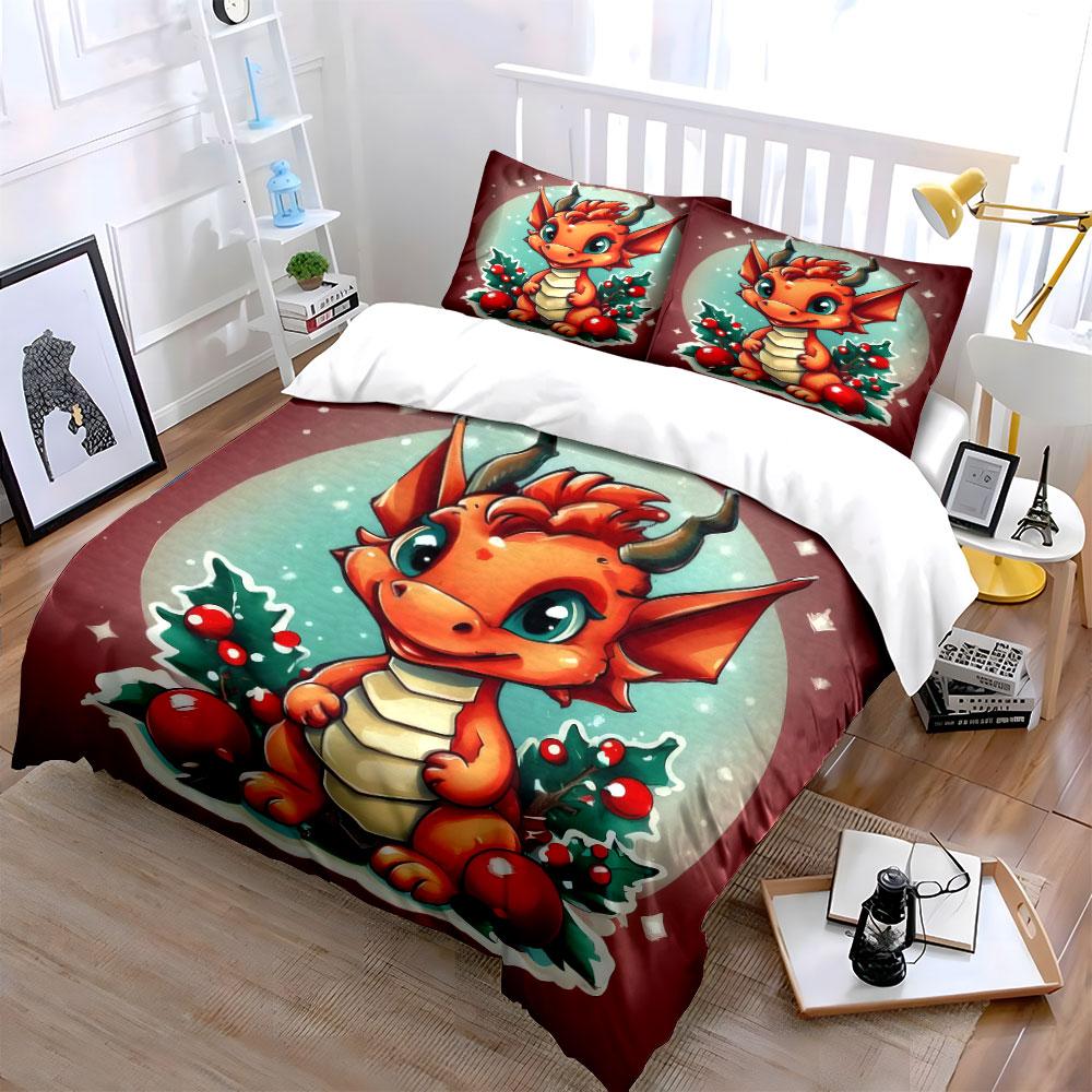 Cute Christmas Dragon Design Bedding Duvet Cover Set (1*Duvet Cover 2*Pillowcases, without duvet insert)