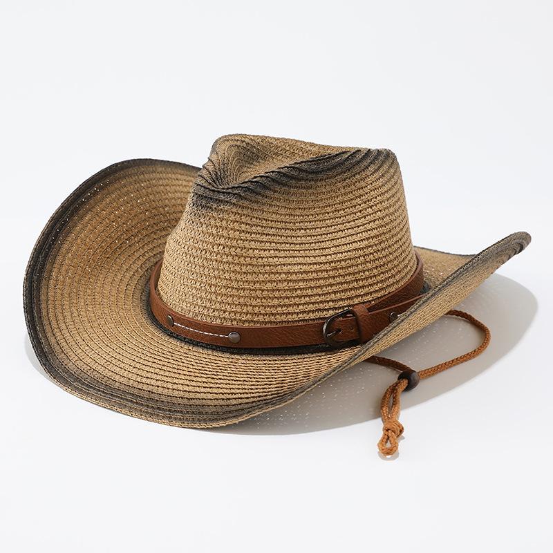 European and American new western denim straw hat Panama men's and women's top hat beach fashion belt sun hat