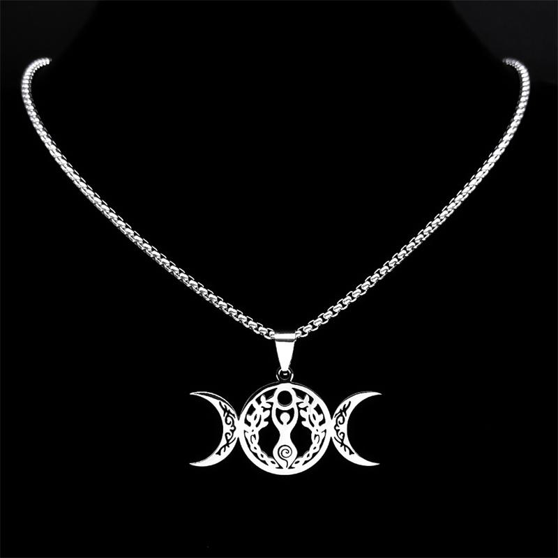 Triple Moon Goddess Luna Necklace Stainless Steel Silver Amulet Hecate Chain Jewelry for Women Men N9736S02