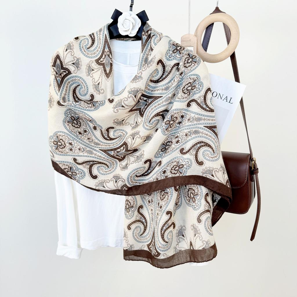 New Cotton and Linen Long Towel Travel Photography with Thin Shawl Fashionable Retro Cashew Flower Printed Long Towel