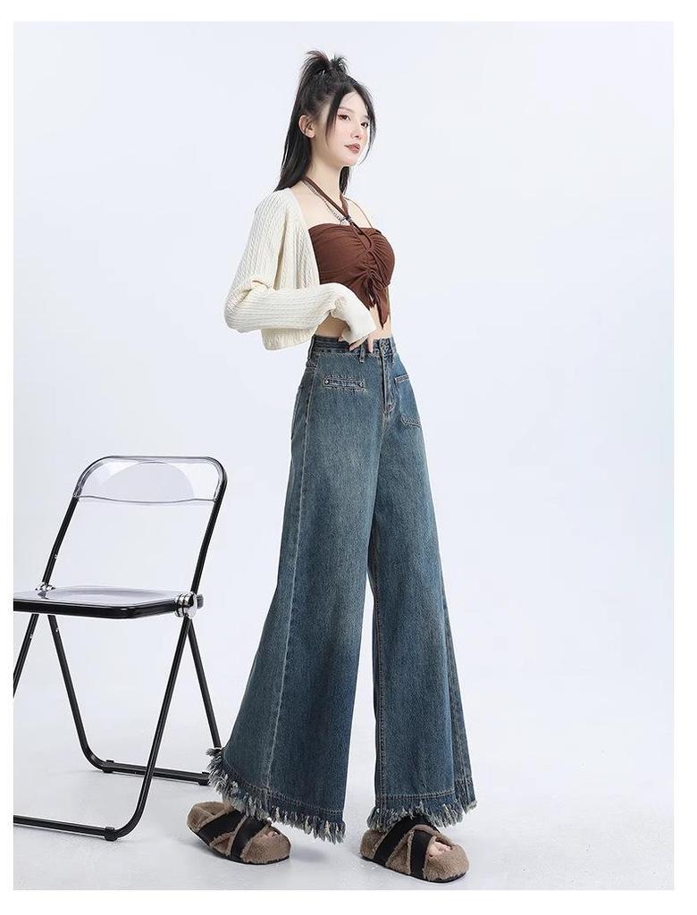 Autumn 2024 Women's High Waist Wide-Leg Retro Frayed Jeans