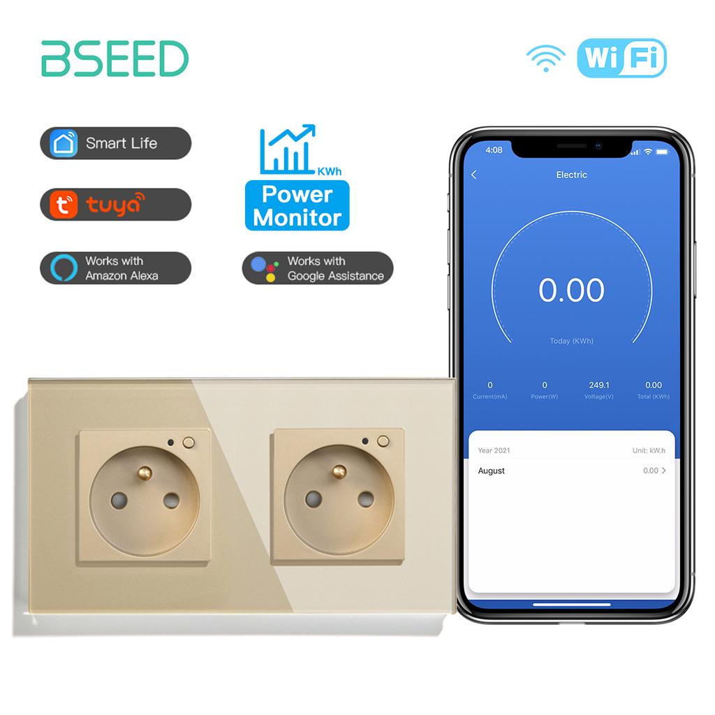 BSEED Single Wifi French Socket Double Power Monitor Wall Sockets Triple Smart Outlets Glass Frame Tuya Smart Life Control