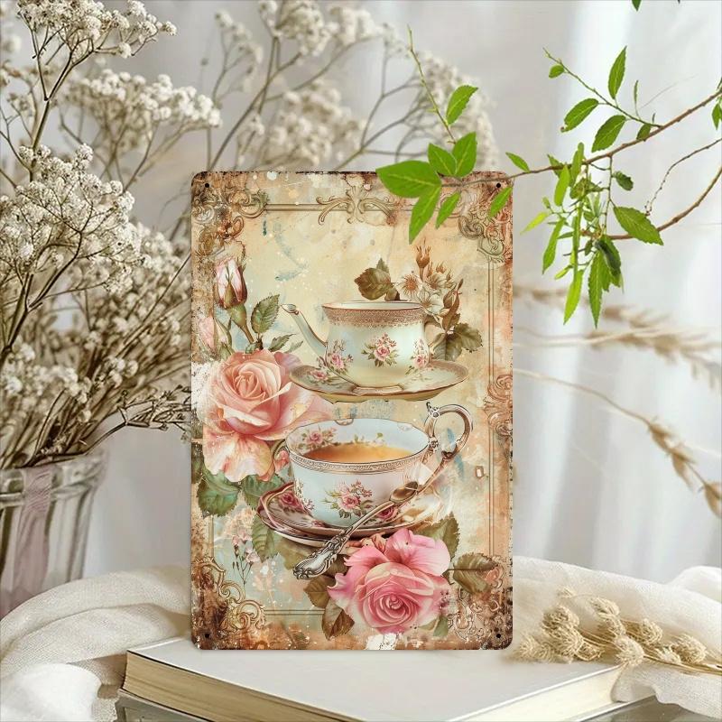 Vintage Tea Time Rustic Wall Art - 20.32x30.48 Cm Floral & Teacup Decorative Sign for Home, Cafe, Restaurant, Garden - Industria