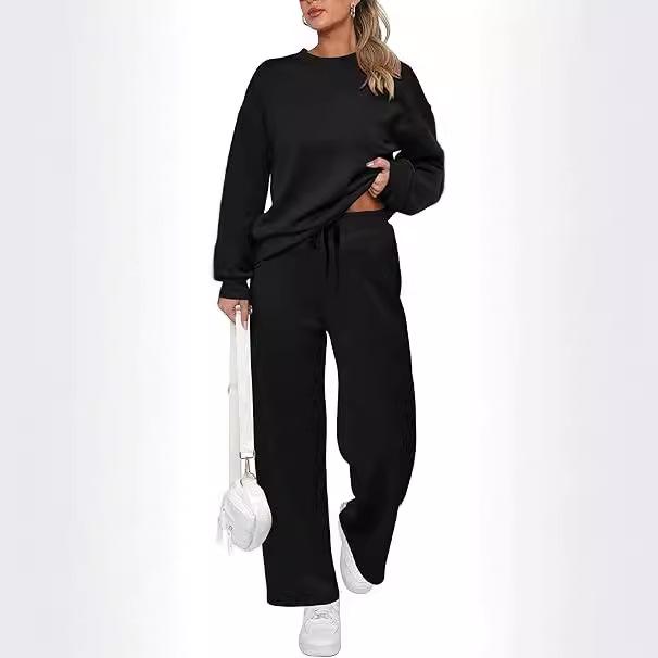 2024 Euro-American Knit Women's Two-Piece: Long-Sleeve Top & Wide-Leg Pocket Trousers