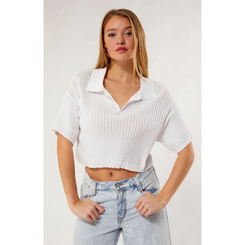 

American P * AC Minimalist Polo Collar Sunken Stripe T-shirt Shory Style Knitwear Tops White XS