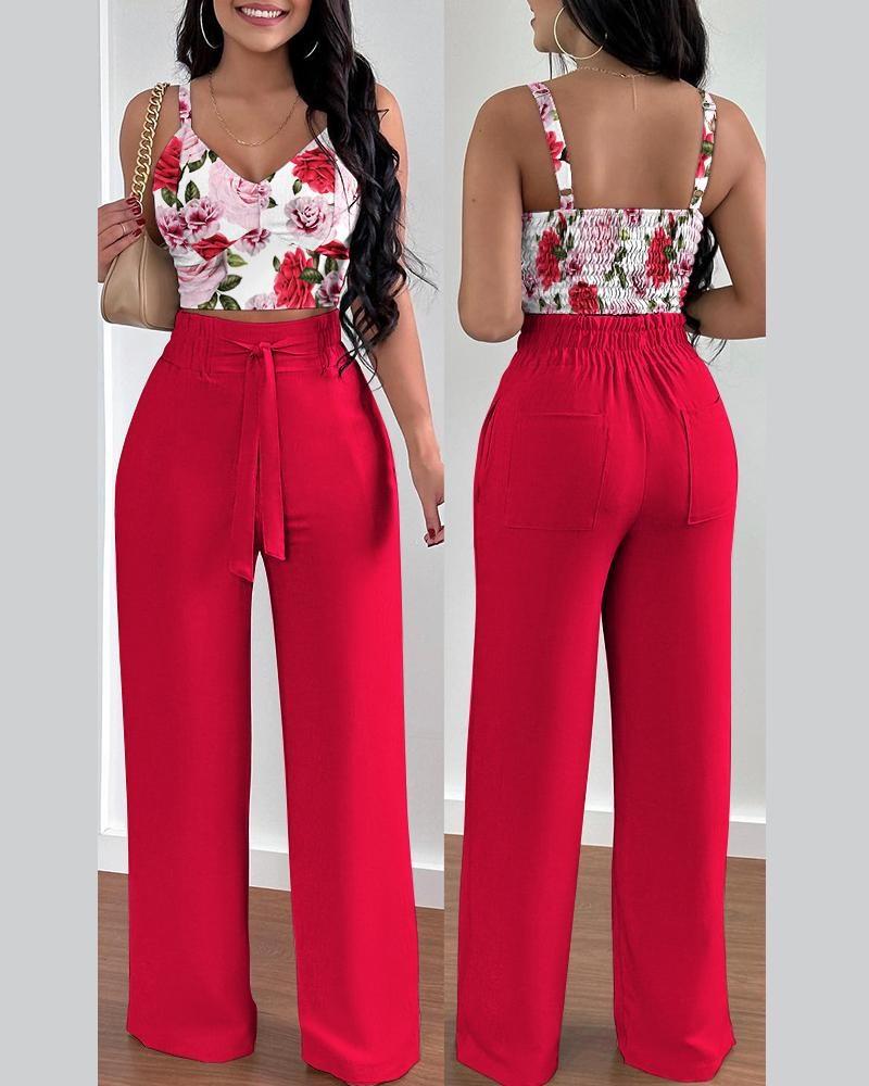 T9006 European & American Spring/Summer Fashion Print Camisole & Drawstring Long Pants Set