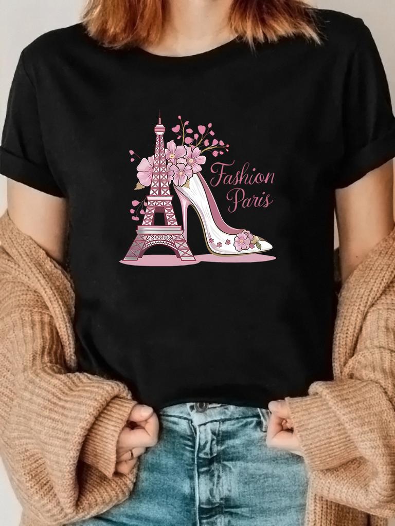 WoUnisex Mode Paris Eiffelturm High Heel Grafik Kurzarm Rundhals Sommer Kurzarm Harajuku Streetwear