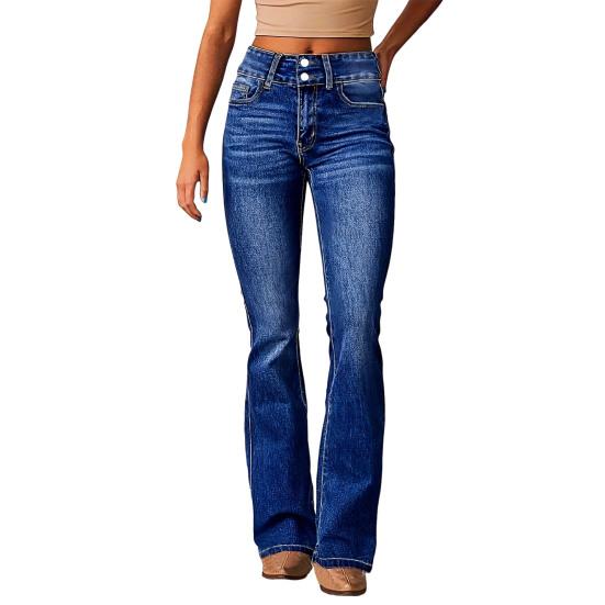 

Lady Retro Jeans with Pockets Mid Waist Button Zipper Closure Stretchy Denim Pants Solid Color Slim Fit Flared Trousers for Daily Party Work S темно-синий