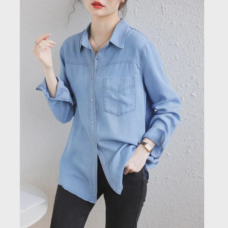 Women's Slimming Loose-Fit Thin Denim Shirt, Retro Korean Style, Autumn 2025 Collection