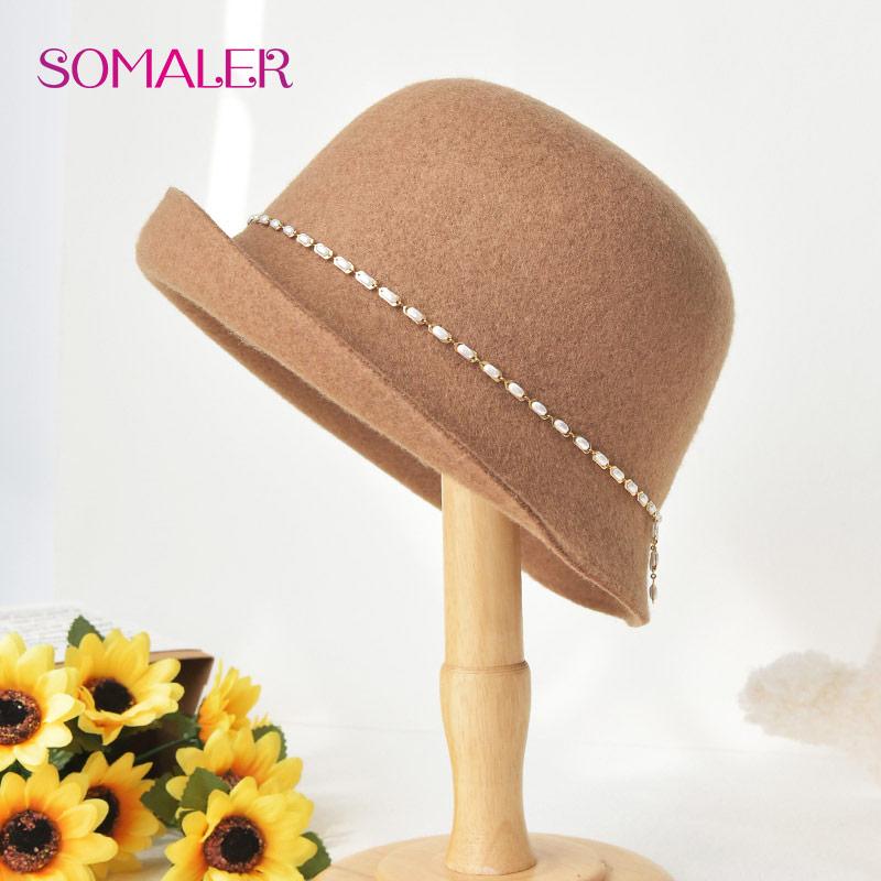 

SOMALER, зимняя элегантная банкетная шляпа-федора, шерстяные фетровые шляпы-федоры с модным украшением, женские осенние шляпы-клош, шерстяные панамы-ведро коричневый