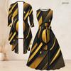 Women Plus Size Two Piece Set Black Gold Geometric Printed Sleeveless Round Neck Tie Waist Flared Dress Three Quarter Sleeve Open Front Cardigan