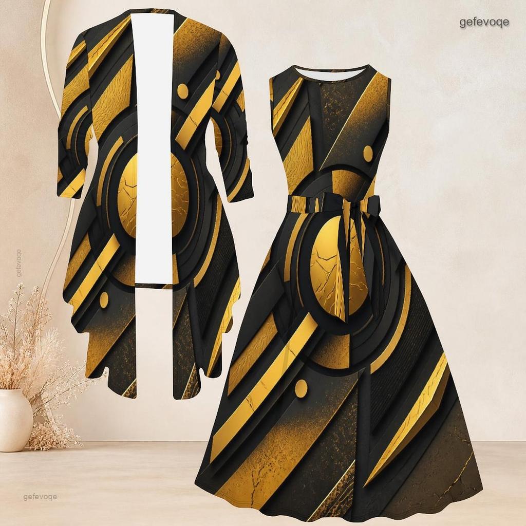 Women Plus Size Two Piece Set Black Gold Geometric Printed Sleeveless Round Neck Tie Waist Flared Dress Three Quarter Sleeve Open Front Cardigan