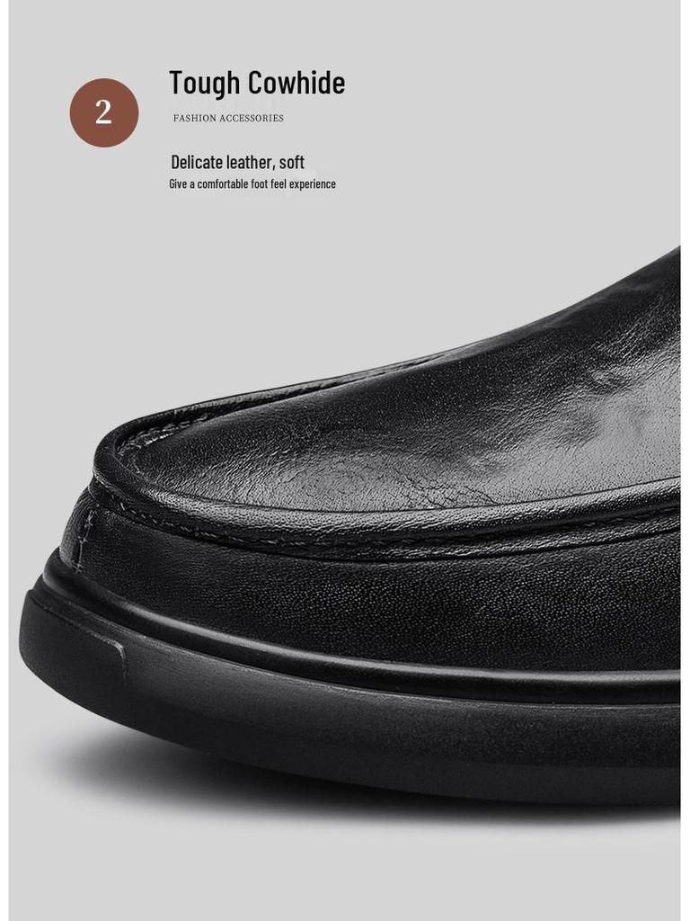 Men's British Style Cowhide Slip-On Leather Shoes: Versatile, Height-Increasing, Trendy for Casual or Wedding Wear.