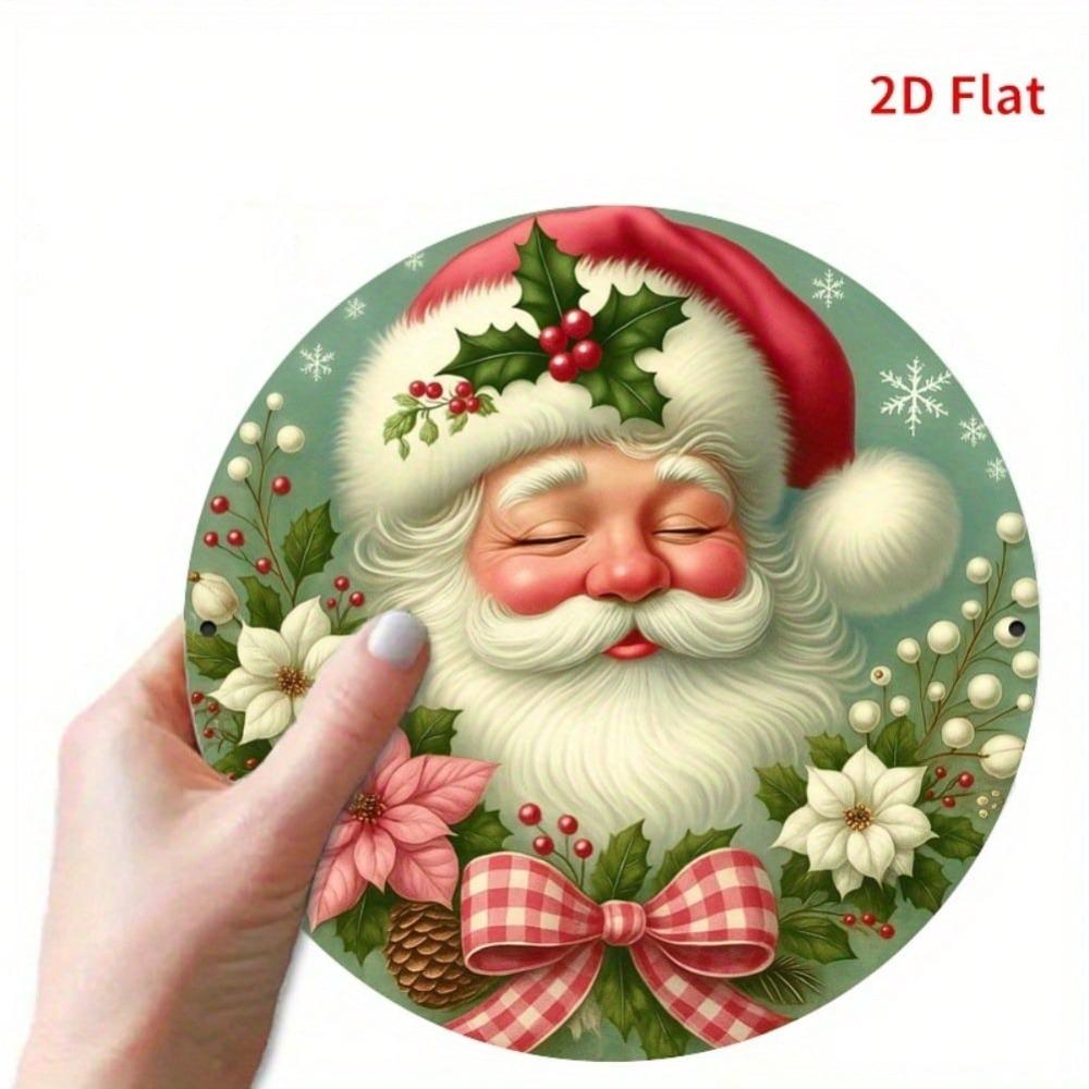Christmas Santa Wreath Metal Wall Decor Red Bow Holly Poinsettia Round Iron Sign Farmhouse Garden Holiday Home Decoration