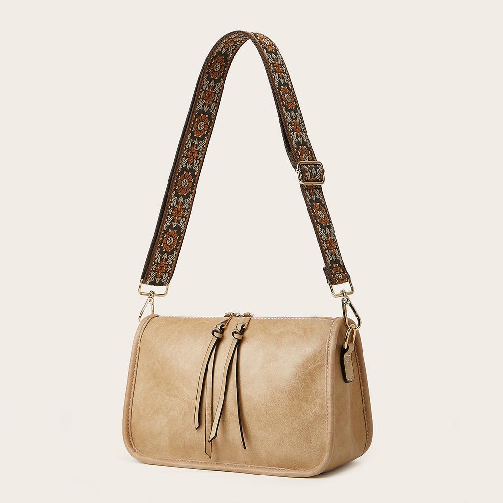 Retro PU Shoulder Bag for Women Solid Color European and American Fashion Bohemian Wide Shoulder Strap Crossbody
