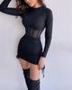 Mesh Waist-Cinching Dress - European & American Style, Spring/Summer Fashion, Round Neck, Sexy Long Sleeve, Ruffled Mini Skirt.