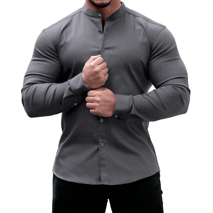 

Spring and Summer Men s Solid Color Sports Casual Cardigan Slim Fit Micro Elastic Long Sleeved Casual Button Up Shirt XXXL сірий