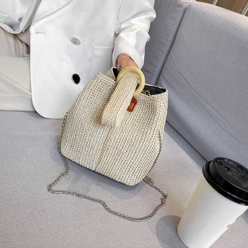 Korean Style Woven Handbag Solid Color Small Phone Bag Fashion Straw Bucket Bag  Girls