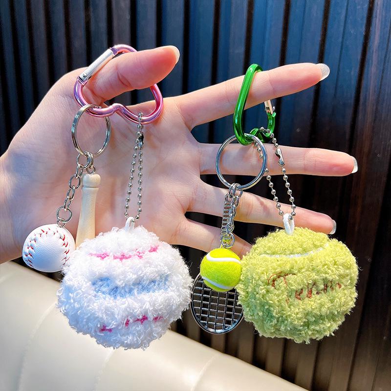 Creative Plush Tennis Ball Keychain - Cartoon Doll Backpack Ornament, Sporty Women's Fur Bag Pendant
