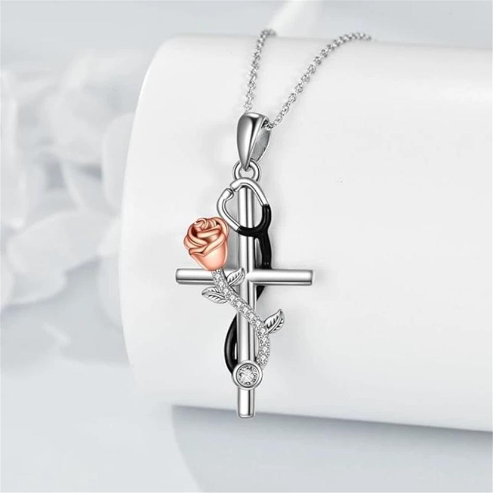 Charm Female Rose Flower Cross Pendant Necklace Vintage Silver Color Wedding  For Women
