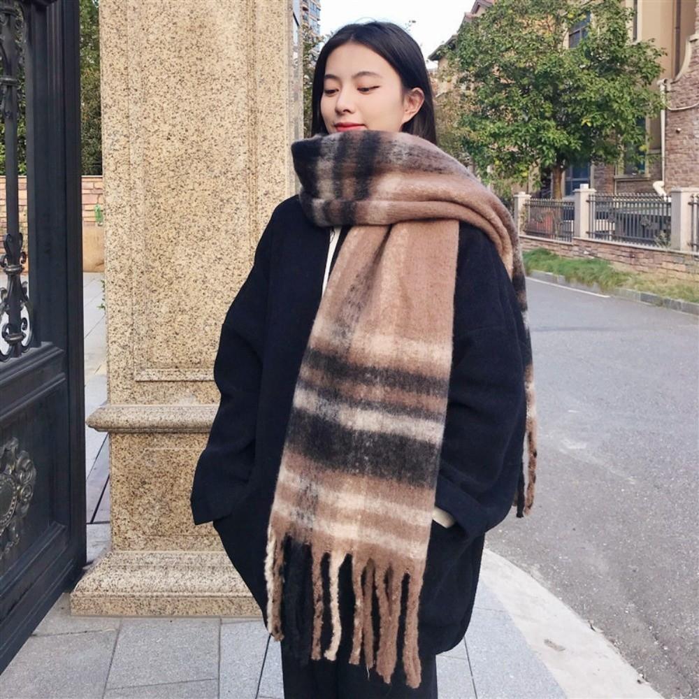 Cold Proof Women Mohair Plaid Scarf Thermal Fall Winter Neck Scarf Warm Tassel Shawl Wrap Students