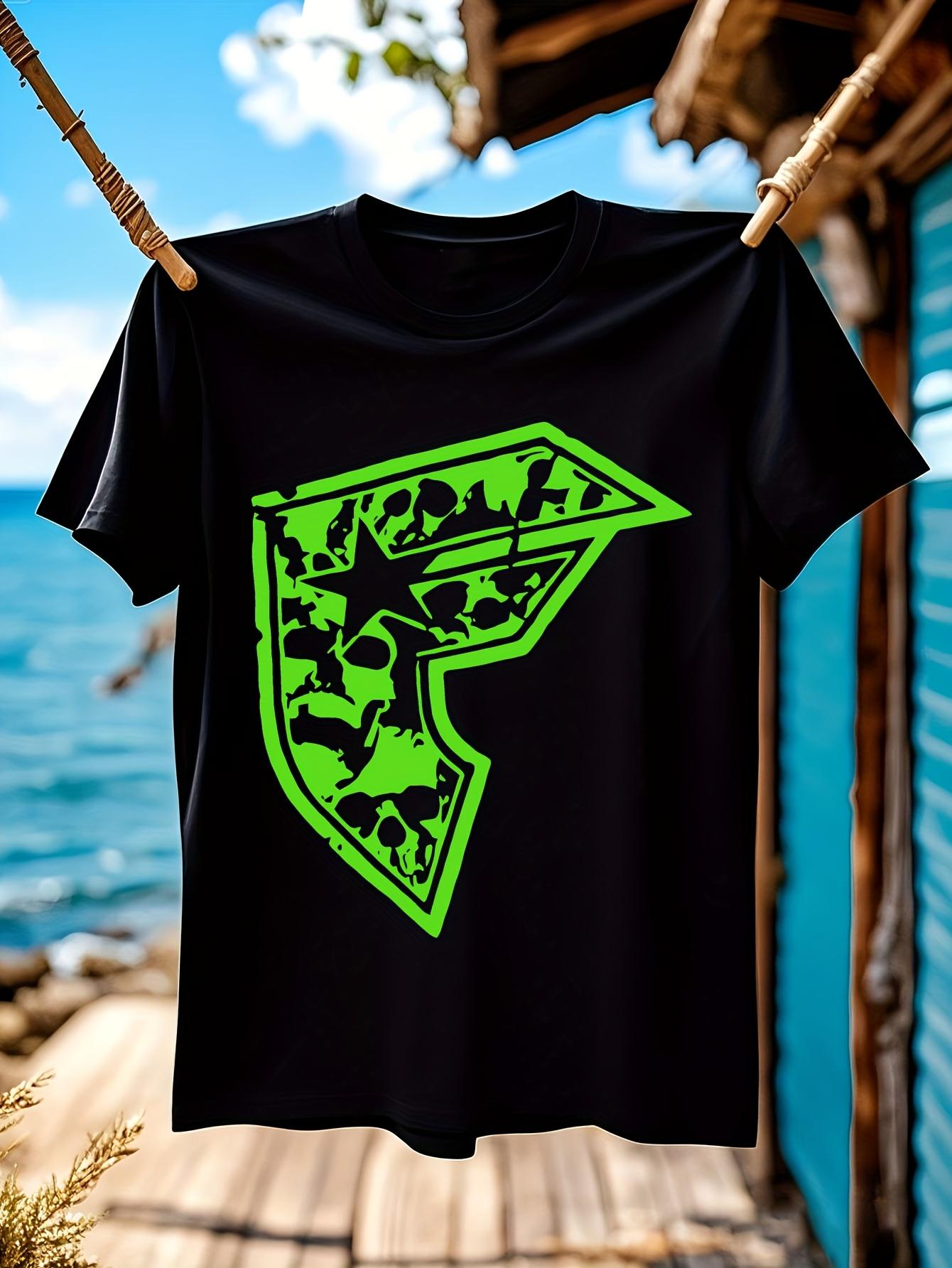 Black Crew Neck Tshirt with Green Star Stripes Graphic Print M
