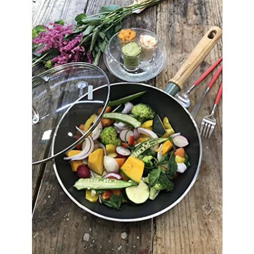 GREENPAN Wok Pan/Stir-fry Pan, 28cm, Induction/Gas Compatible, PFAS-Free, Non-Stick, Easy-Clean, Deep, Natural Wood Handle, Mayflower Design (CC001904