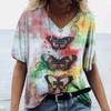 Summer Women's T-Shirt Vintage Casual Fashion V Neck Pullover Short Sleeve 3D Butterfly Print Loose Daily Tops Design Clothing