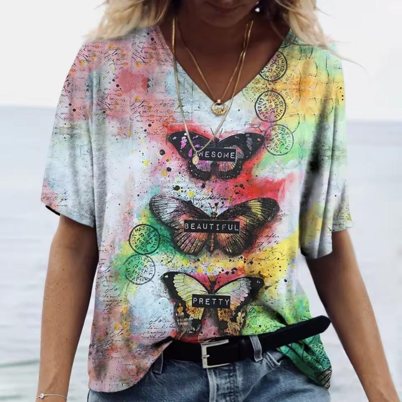 Summer Women's T-Shirt Vintage Casual Fashion V Neck Pullover Short Sleeve 3D Butterfly Print Loose Daily Tops Design Clothing