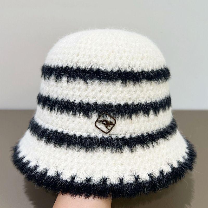 Plush Knitted Striped Bucket Hat Women's Autumn and Winter Wool Bucket Hat