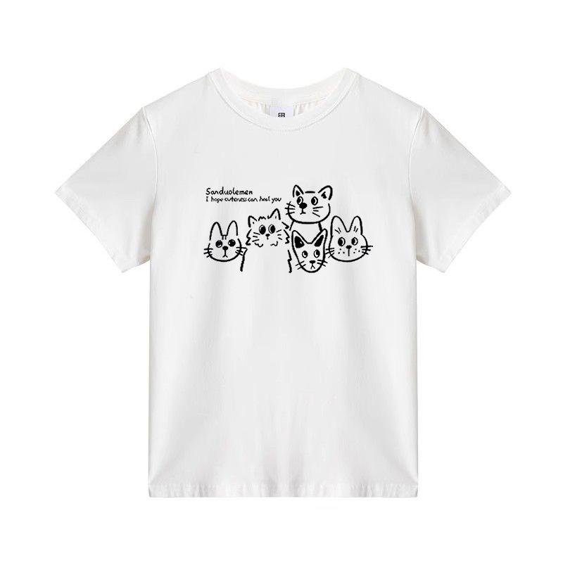 Summer new white round neck front shoulder short-sleeved t-shirt female cartoon cat print simple casual versatile top female S