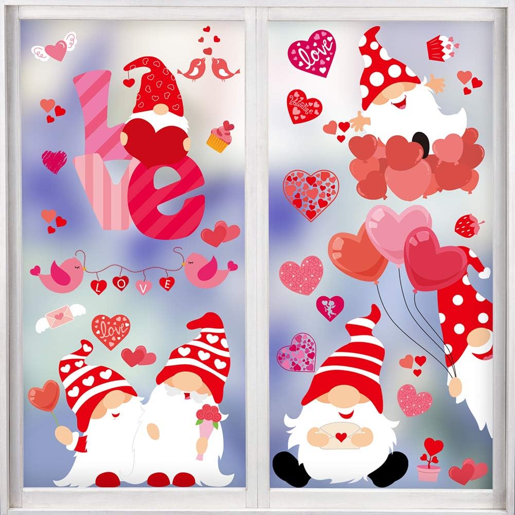 CCINEE Valentine s Day Window Cling,6 Sheet Heart Gnome Elf Window Sticker Decals for St. Valentine s Day Wedding Party Home Window Decoration Supply Heart 1