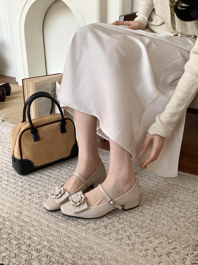 Camellia high heels for women Mary Jane thick heels single shoes for women 2025 spring commuter style light mouth shoes children's fashion