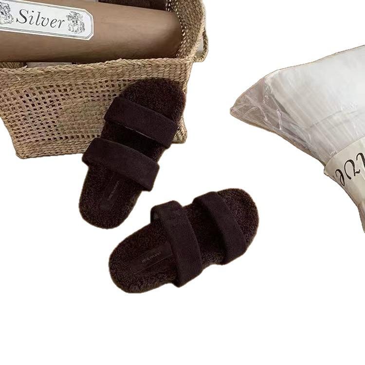 Cowhide Version~ One-word with Fluffy Slippers for Women To Wear 2025 Autumn Retro Evening Breeze Thick-bottomed Versatile Lamb Wool Mop