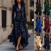 Abendkleid Damen Langarm V-Ausschnitt Hohe Taille Schlanke Passform Rüschen Einfarbig Elegant Mode Party Frühling Herbst Kleid