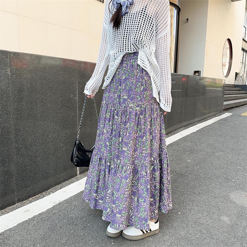 2025 Summer Floral Cotton-Silk Midi Skirt: Slimming, Thin Rayon Cardigan, Long Cake Skirt for Women.