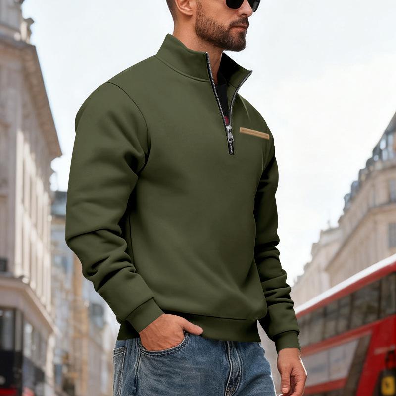 Men's Casual And Trendy American- Fleece Heavy-duty Loose Hoodie, Men's Warm Stand-up Collar Semi-pull Connection Solid Color Sports Hoodie