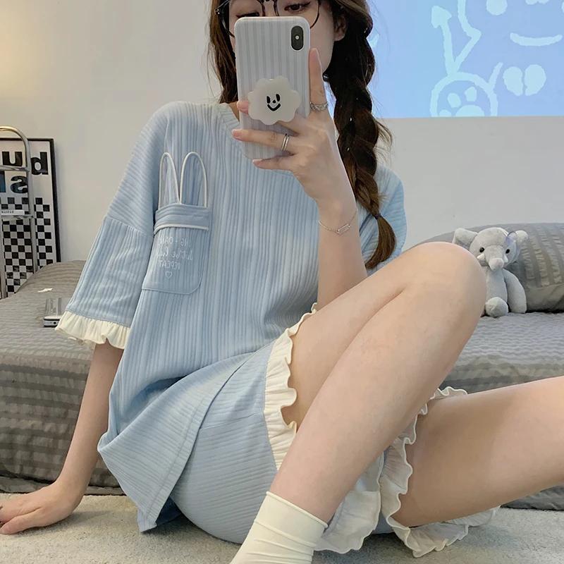 Summer Woman Pajama Cotton Cartoon Sleepwear Orange Cartoon Printing Pyjamas Set Young Lady Shorts Pullover Lingeries