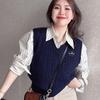 Women's College-Style Cable Knit V-Neck Embroidered Layering Vest