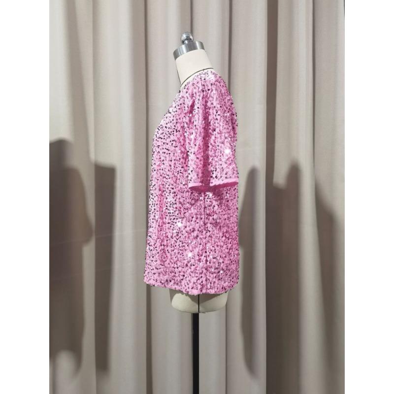 Top da Donna Rosa con Paillettes a Manica Corta Girocollo Casual da Festa Vestibilità Larga Camicetta Maglietta