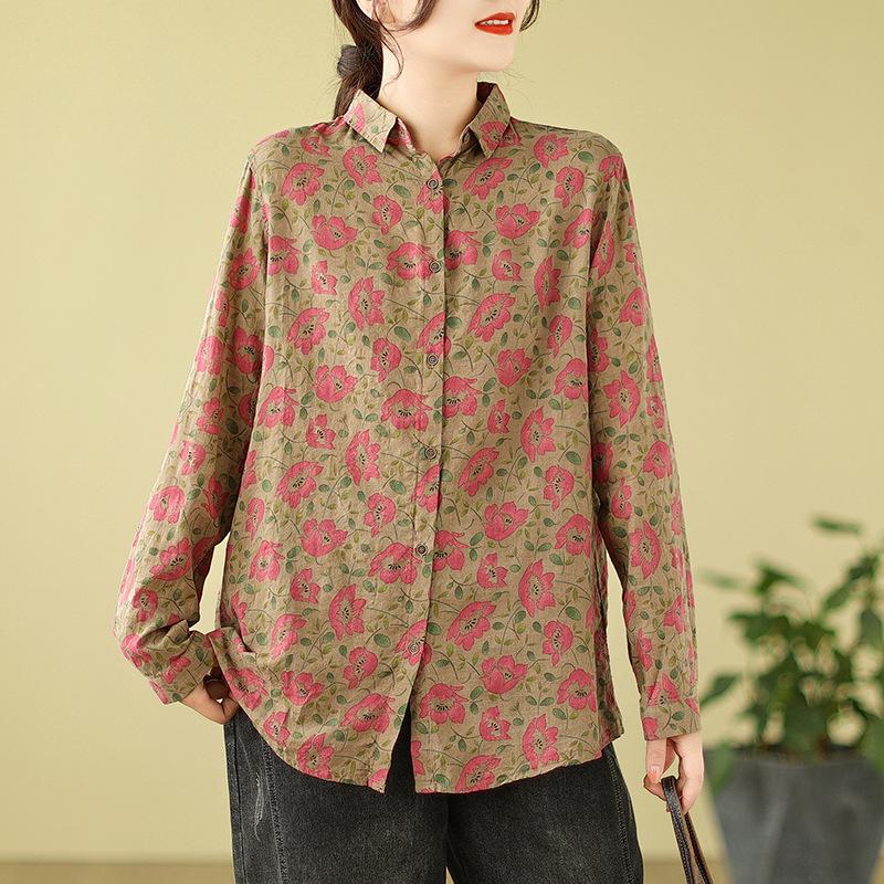 1116 Frühherbst neue literarische und Retro-Druck Baumwoll-Leinen Langarmshirt Damen Herbst locker Mutter-Shirt
