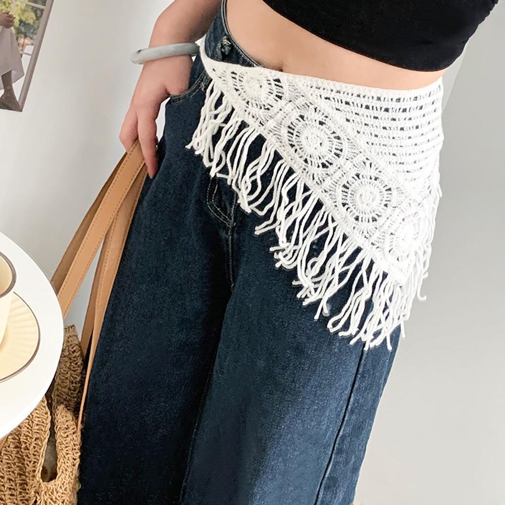 Bohemian Knitted Butt Flap Hollowing Out Tassel Hip Apron Triangular Scarf Tie Straps  Women Girls