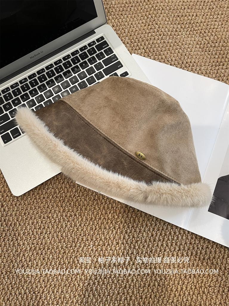Autumn and winter suede plush warm face small bucket hat woman