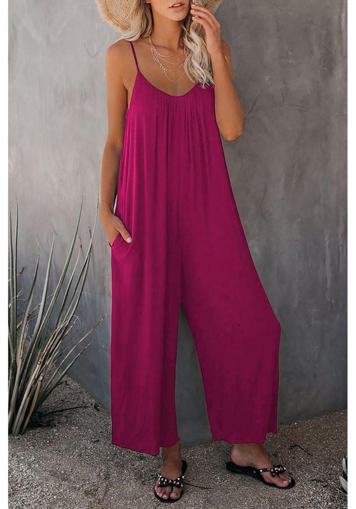 2026 Sommer Damen einfarbiger Jumpsuit mit aufgesetzten Taschen und Trägern - Lockere lässige Passform lange Hosen