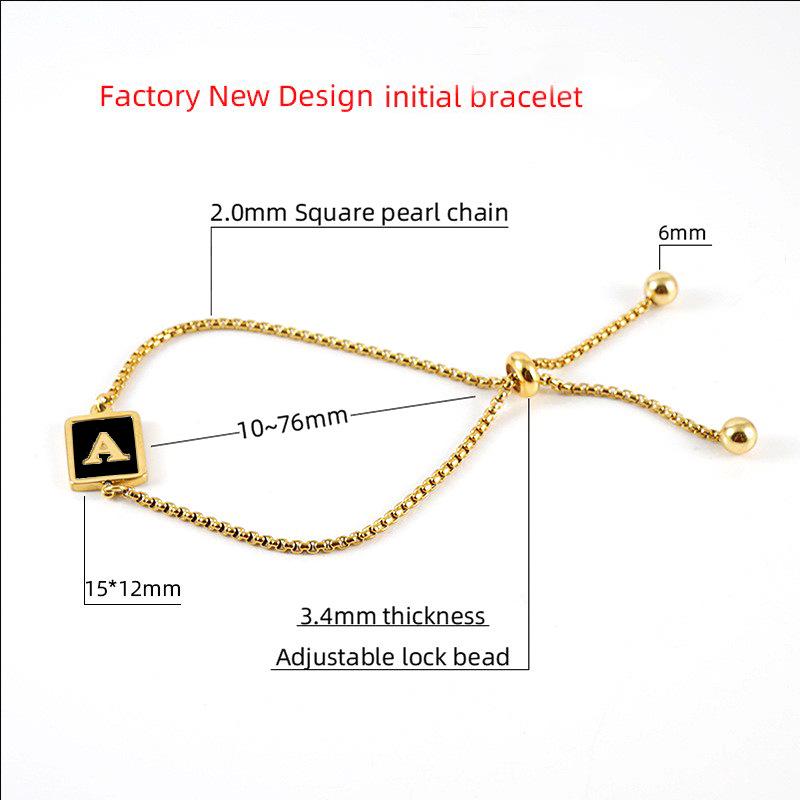 18K Black Square Adjustable Bracelet - Women's European & American Style, Titanium Steel with English Alphabet.